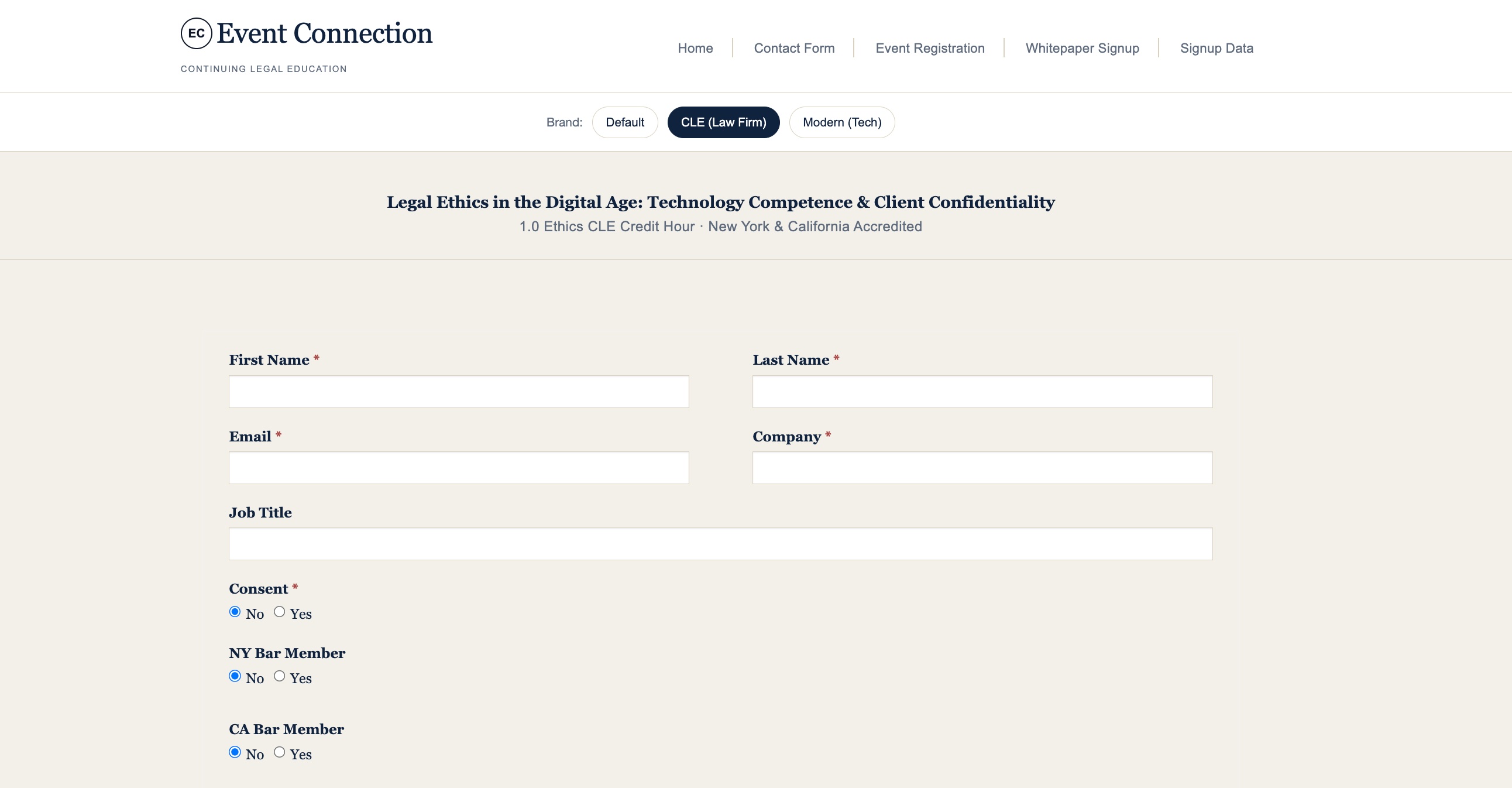 CLE conference registration form, built in Power Pages